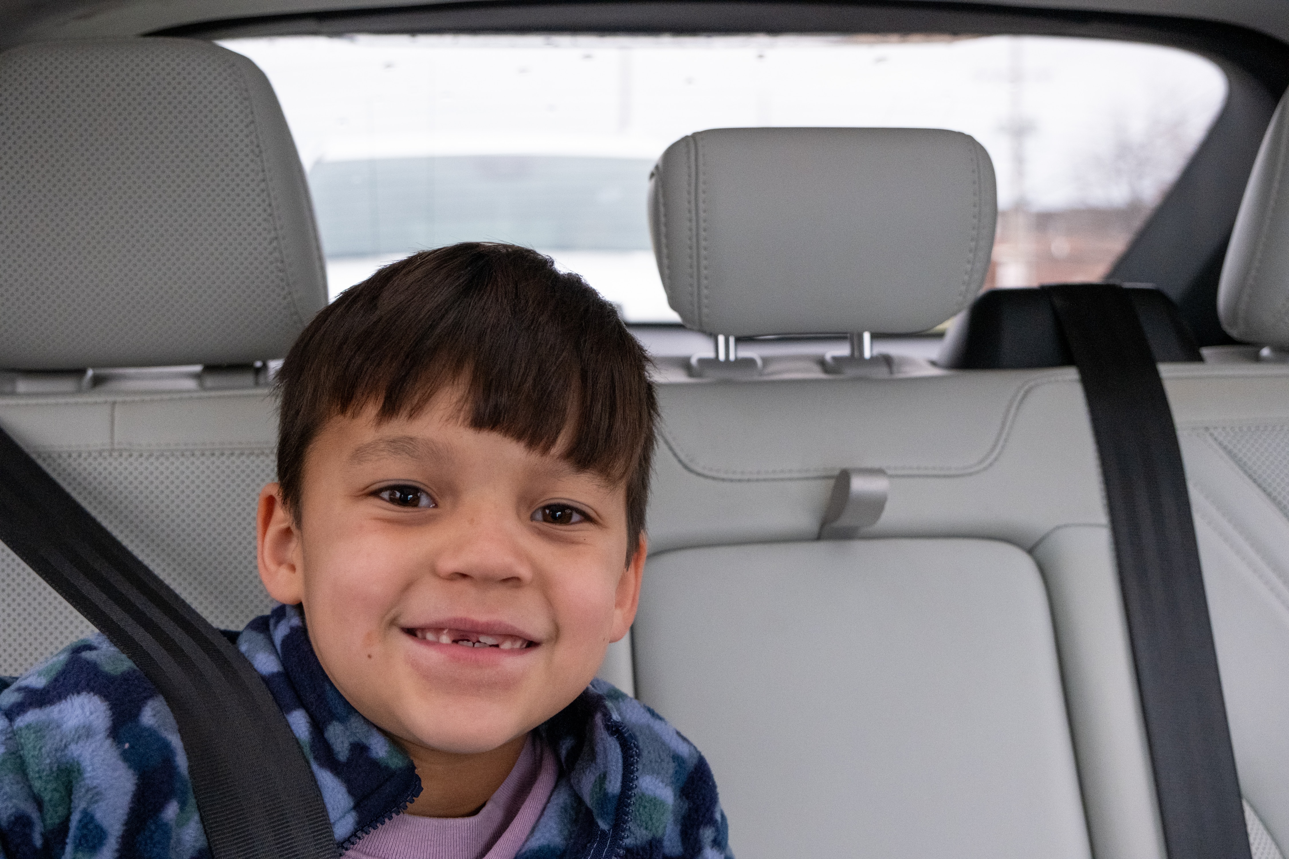 Oliver in the backseat of the Mustang Mach-E.
