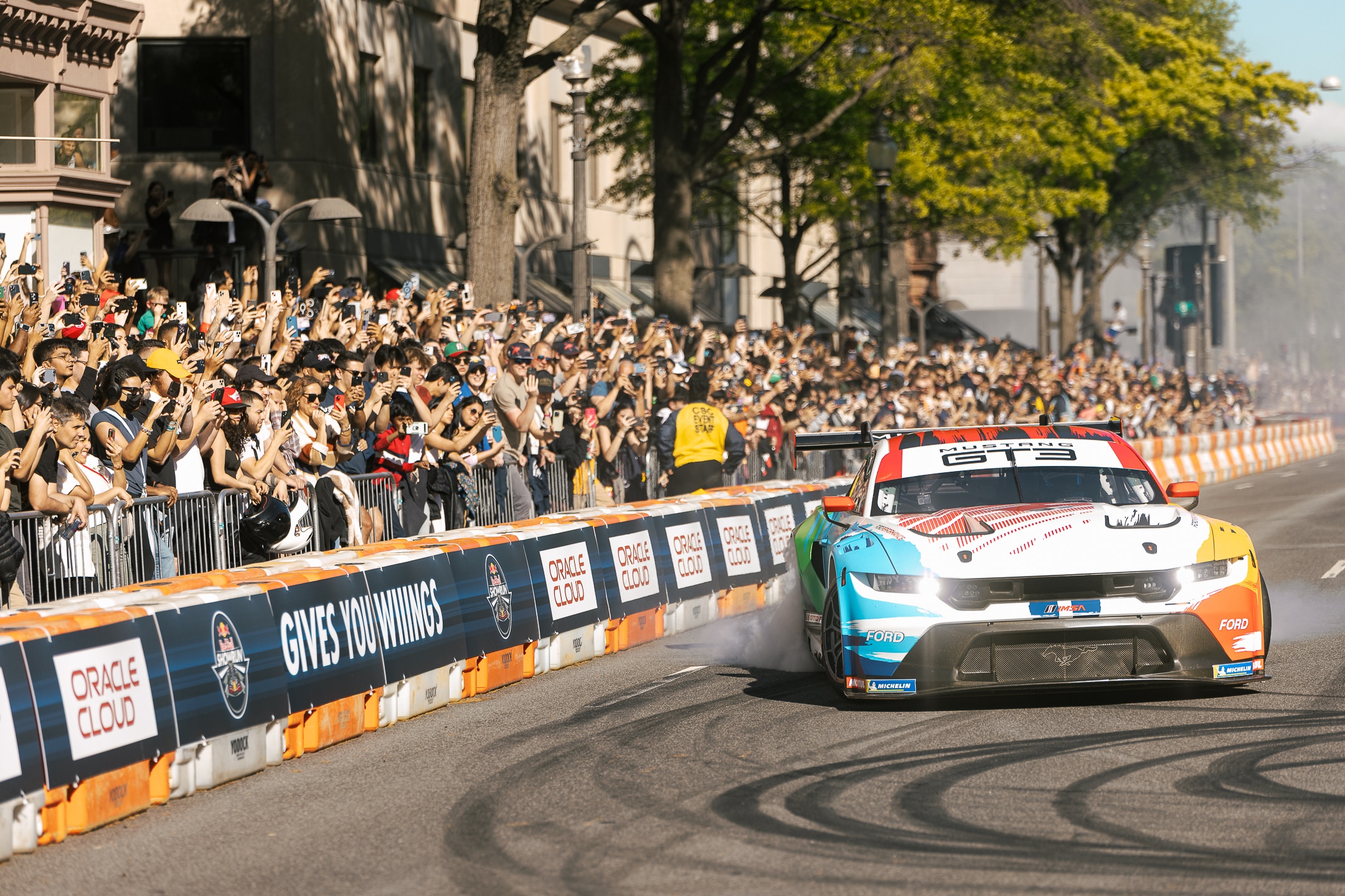 A Ford Red Bull Mustang GT3 races in DC.