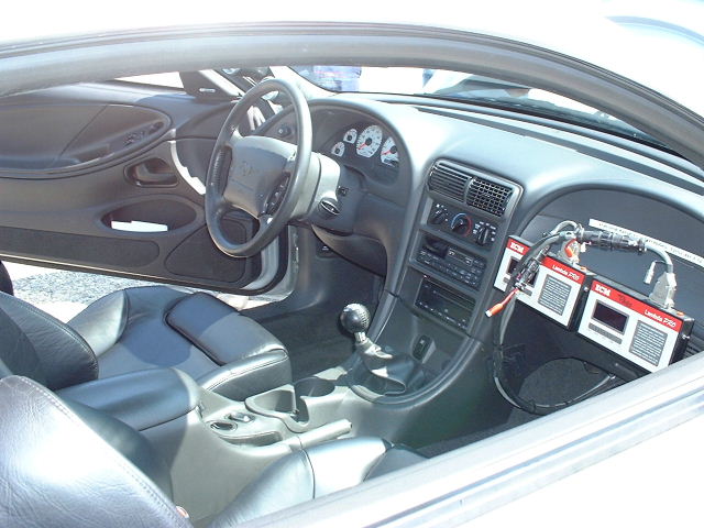 Interior photo of the V10 Boss 351 Prototype, featuring data logging and calibration equipment at Milan Dragway in Michigan, circa 2003.