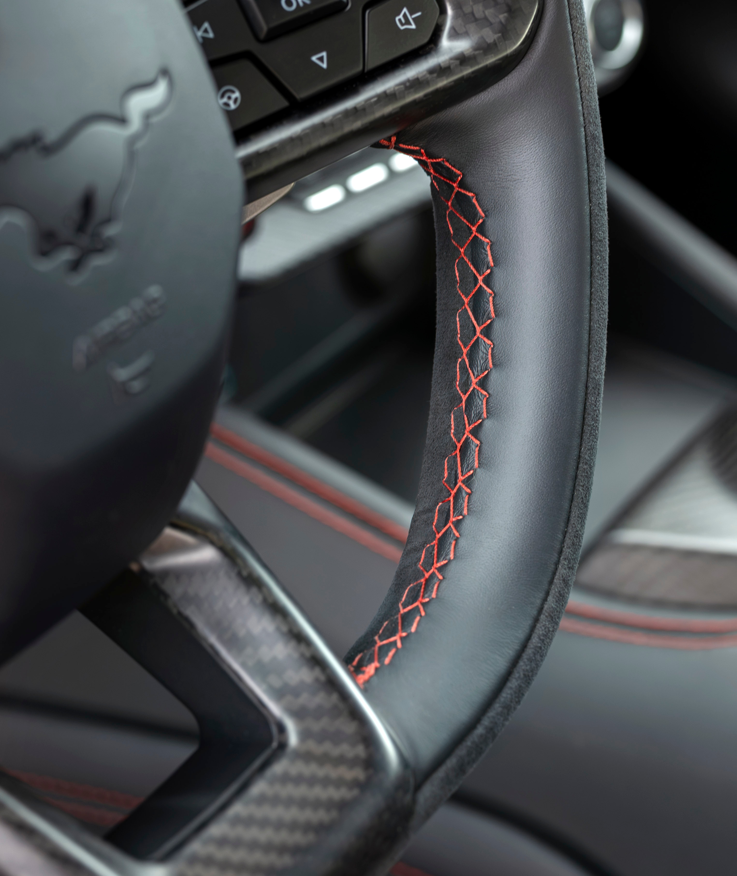 By working with the GTD team, we were able to adopt Brembo carbon-ceramic brakes and Michelin Pilot Sport Cup2 R tires for the Mustang Dark Horse SC Track Pack. Prototype vehicle shown. Actual production vehicle may vary. Available summer 2026.