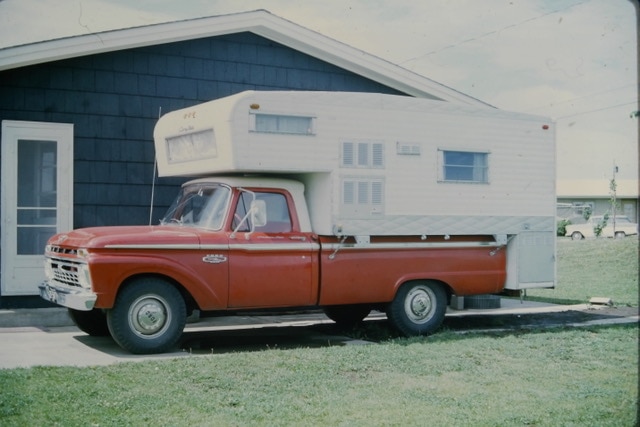 David's garage houses the Rangoon Red 1966 F-250 Camper Special his father ordered after returning from service in the Air Force.