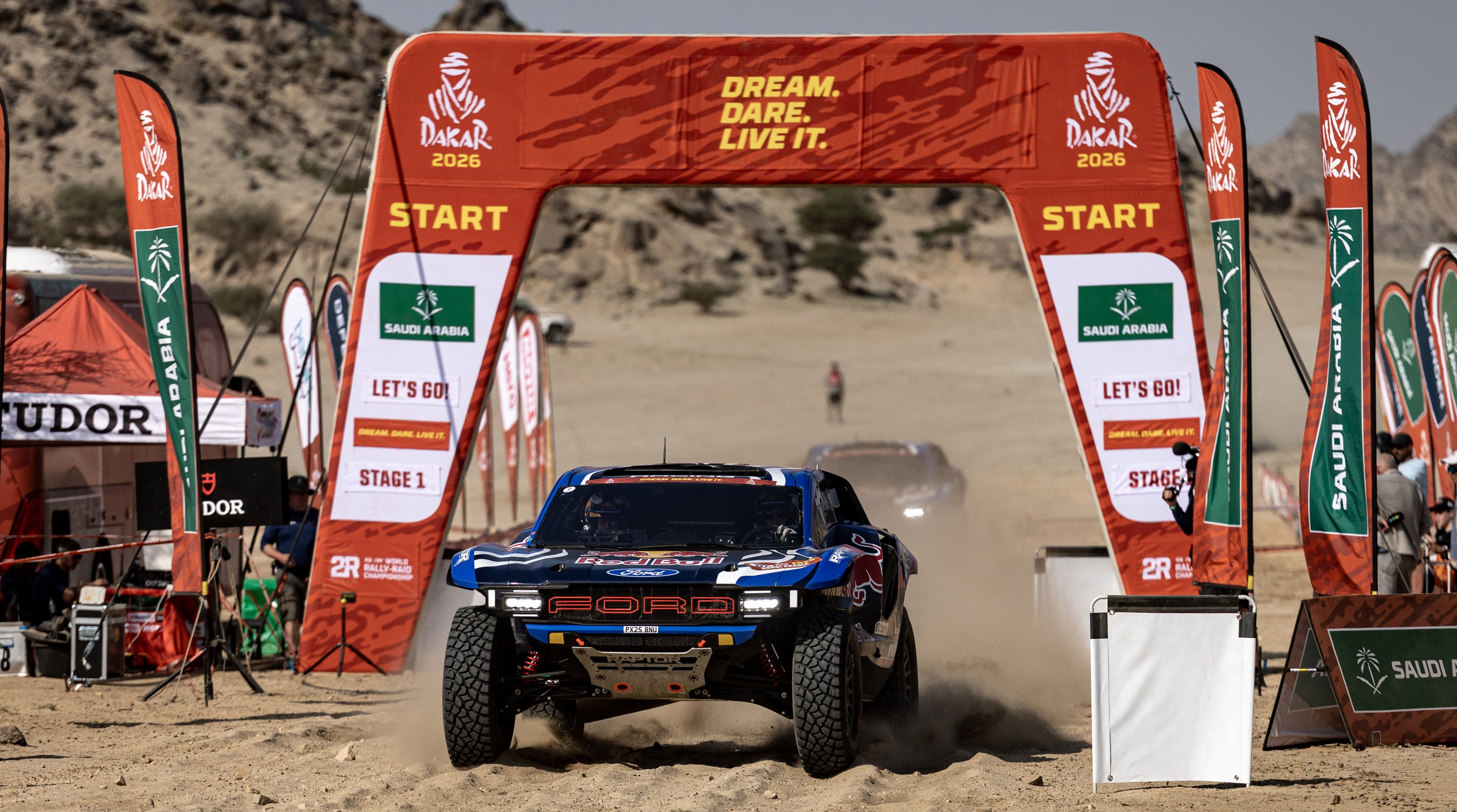 Ford Raptor T1+ heads off the starting line at Dakar.
