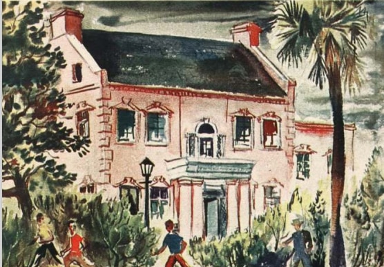 An illustration of the Savannah pink mansion from the Ford Times magazine.