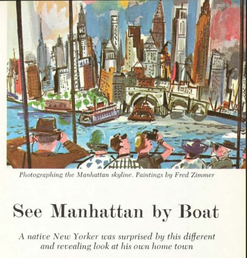 An article clip from the Ford Times encouraging boat tours of Manhattan.