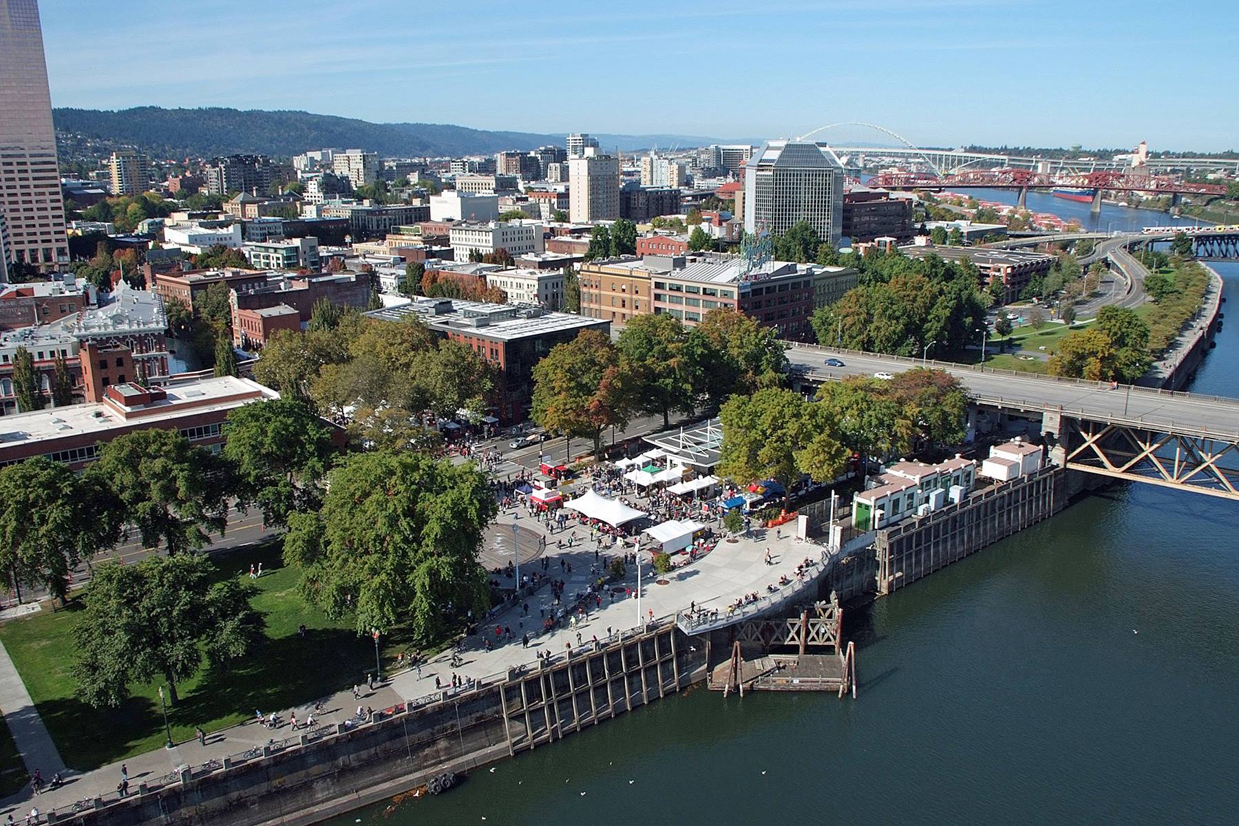 An aerial photo of Portland Saturday Market.